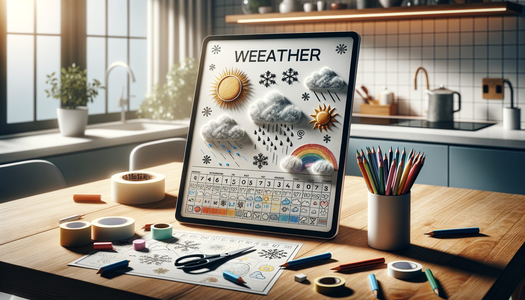 Generate an image of a colorful DIY weather board with hand-drawn weather symbols like clouds and snowflakes.