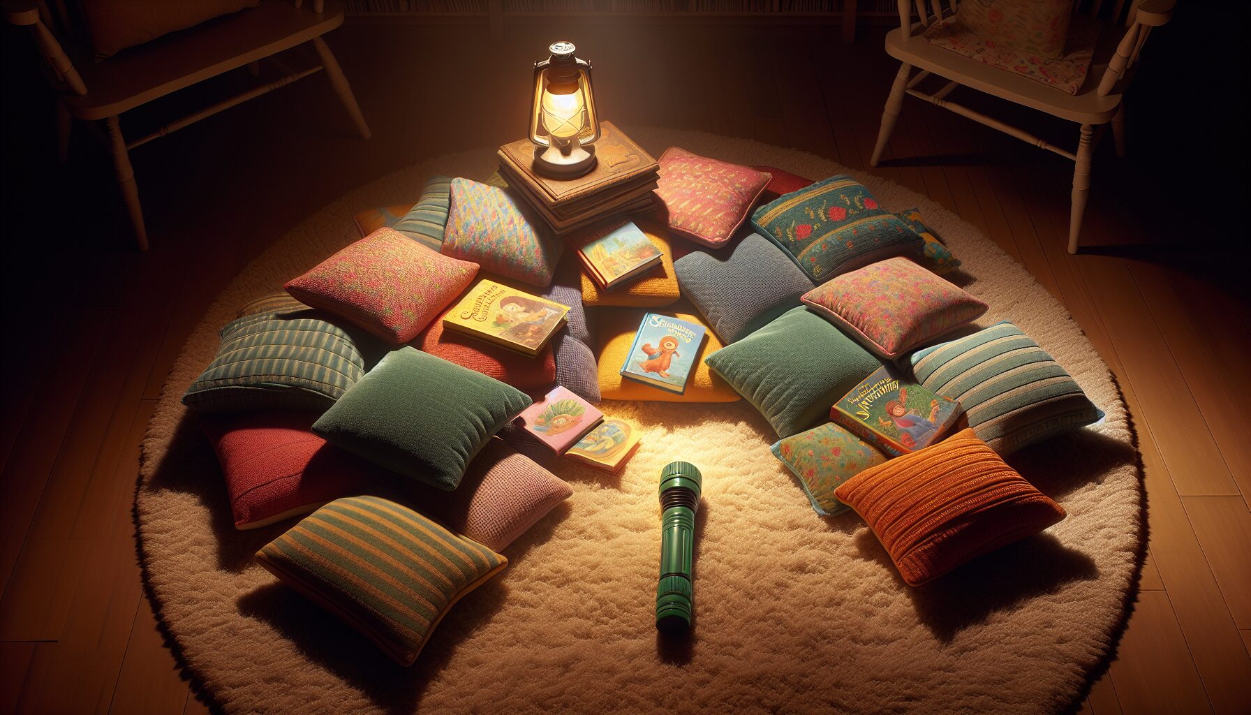 Generate an image of a flashlight and a few children's storybooks laying nearby colorful cushions.