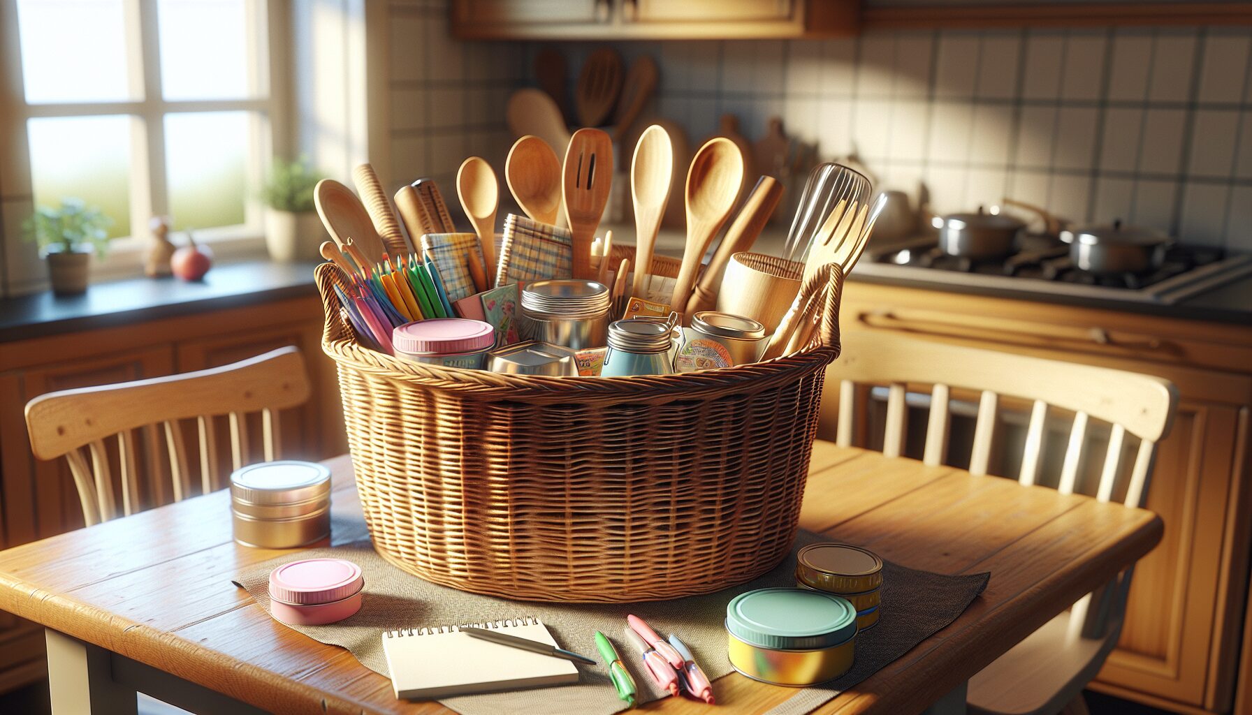 Produce an image of a child-friendly basket filled with everyday household items such as wooden spoons, tins, and a notepad with colored pens.