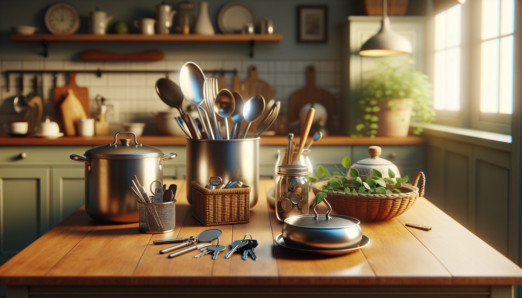 Generate an image of various household items like spoons, pots, and keys arranged on a wooden table.