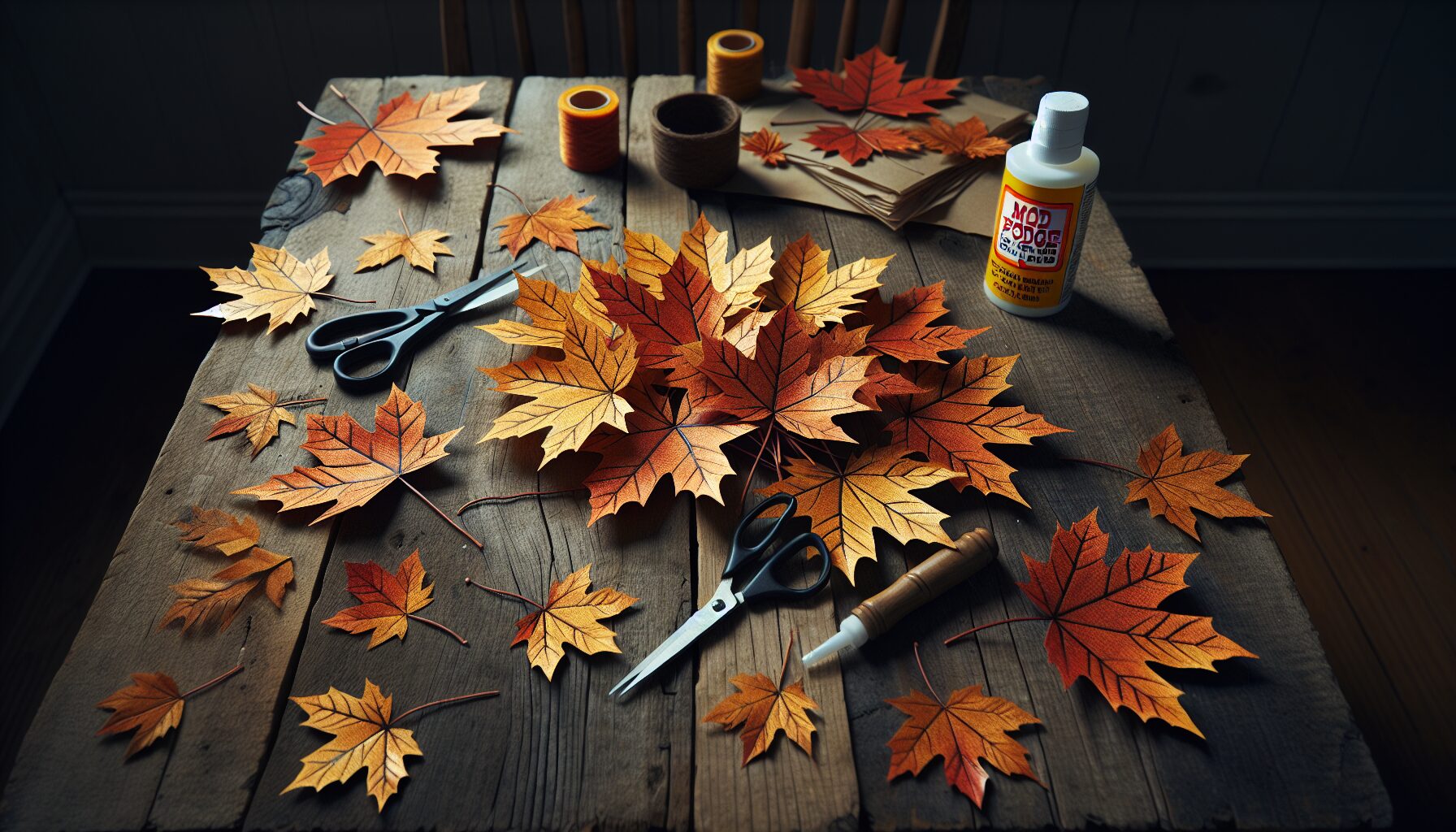 Generate an image of autumn leaves scattered on a rustic table with a pair of scissors and Mod Podge.