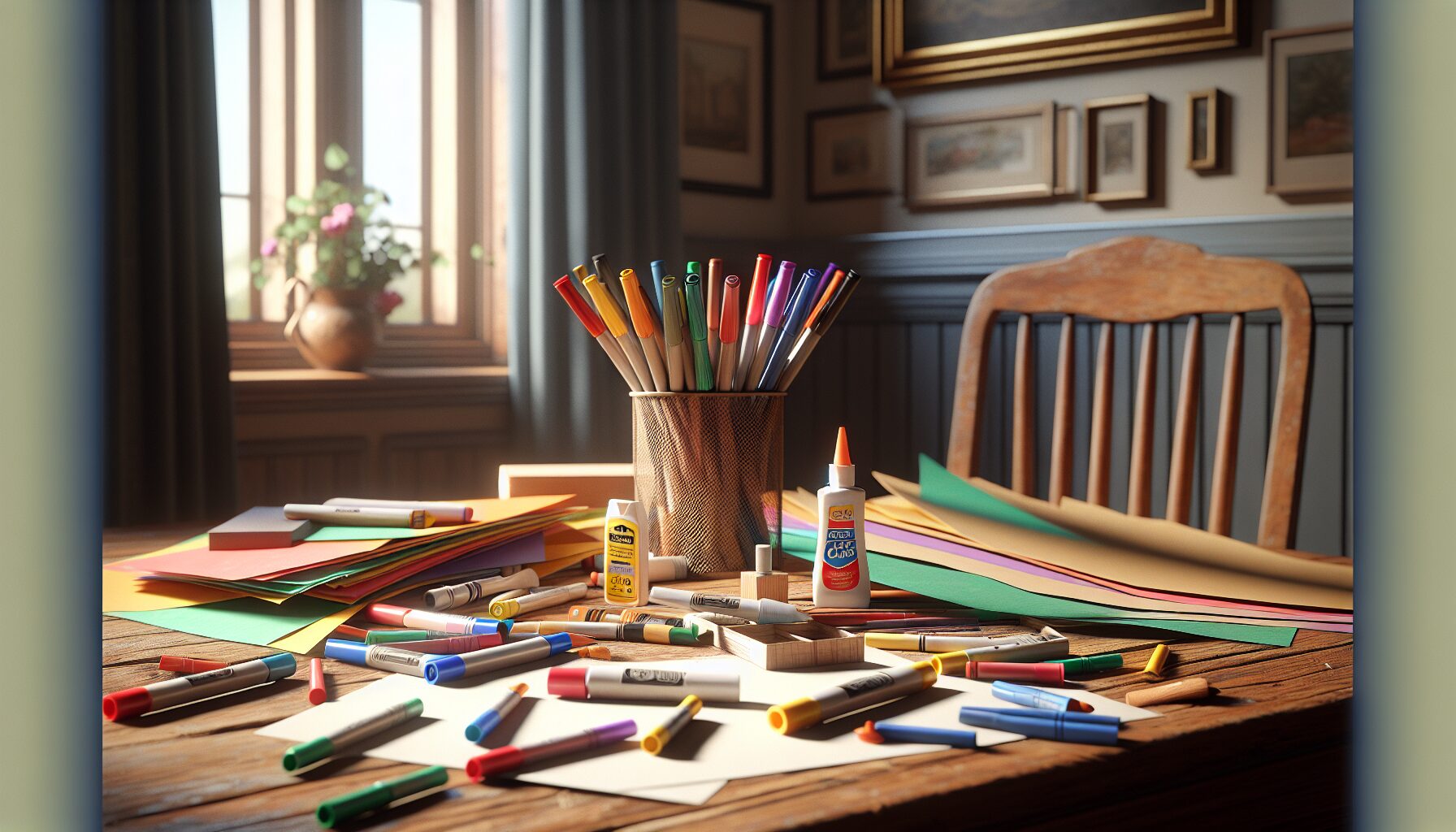 Generate an image of colorful construction paper, markers, and glue sticks on a table.