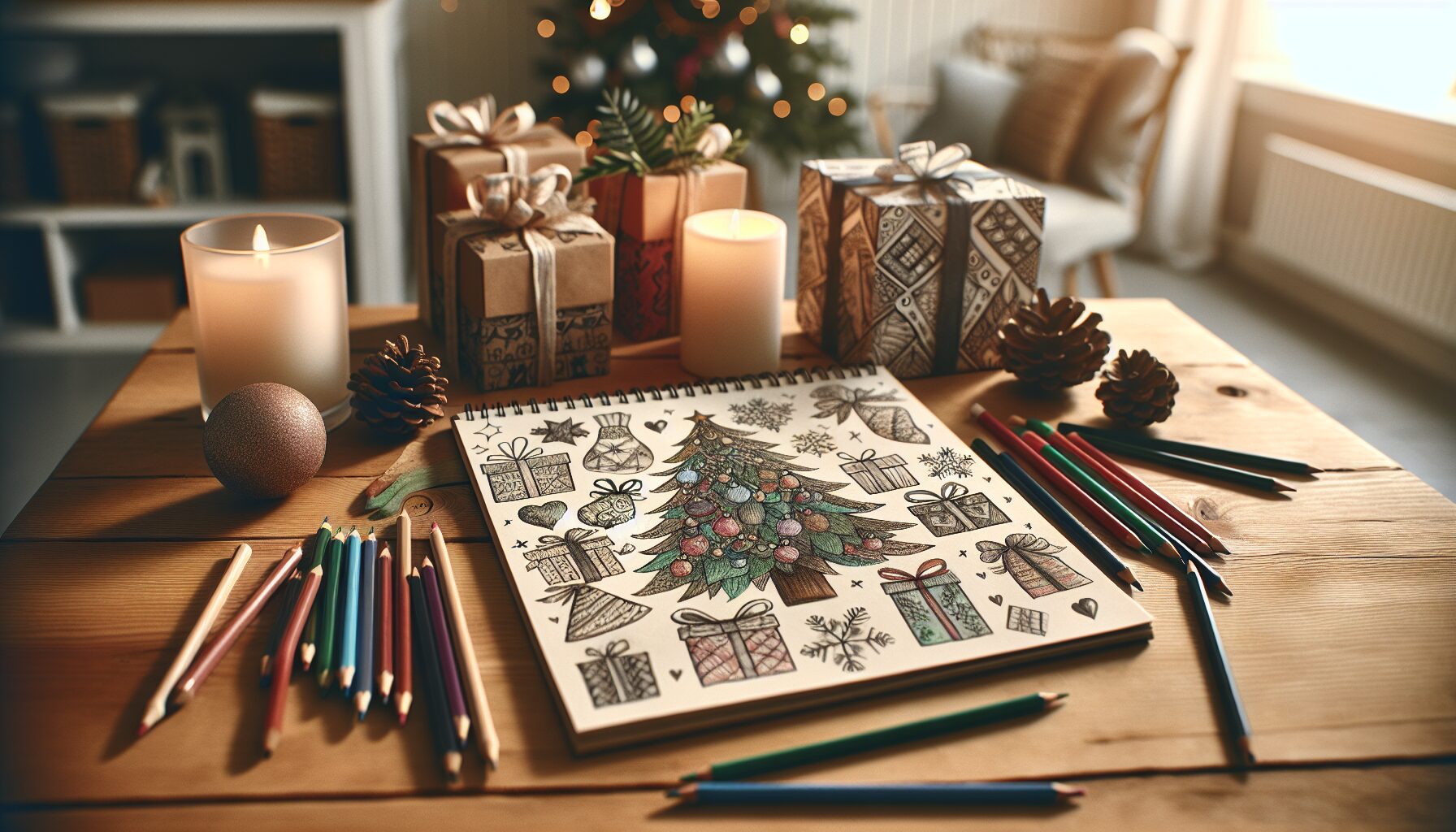 Generate an image of festive holiday decorations with traditional family symbols, incorporating elements such as a drawing pad with holiday doodles.