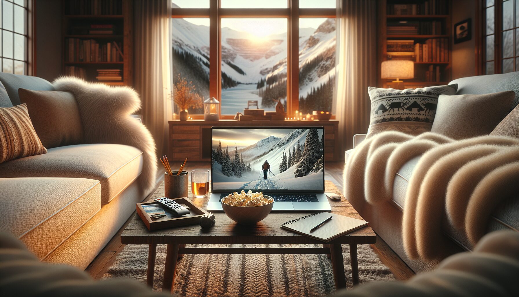 Generate an image of a cozy living room setup with a laptop showing a winter expedition.