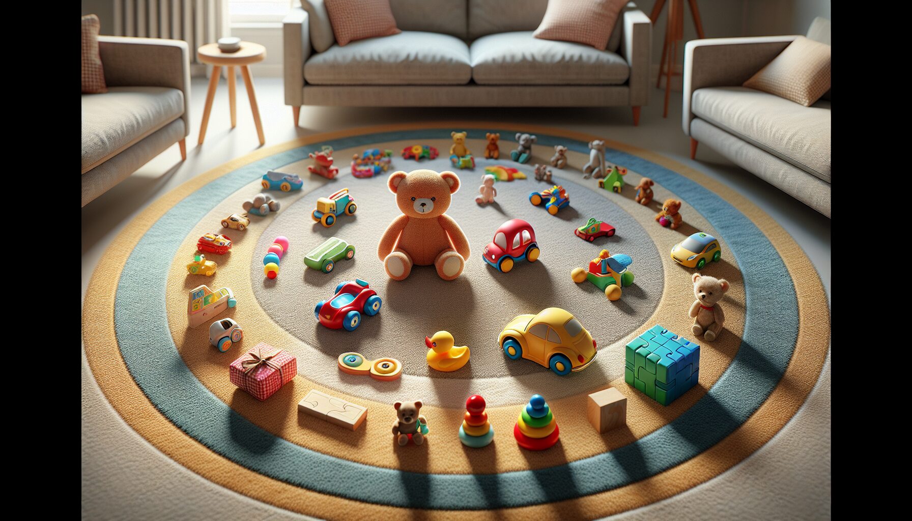 Generate an image of different toys arranged neatly in a circle on a carpet.