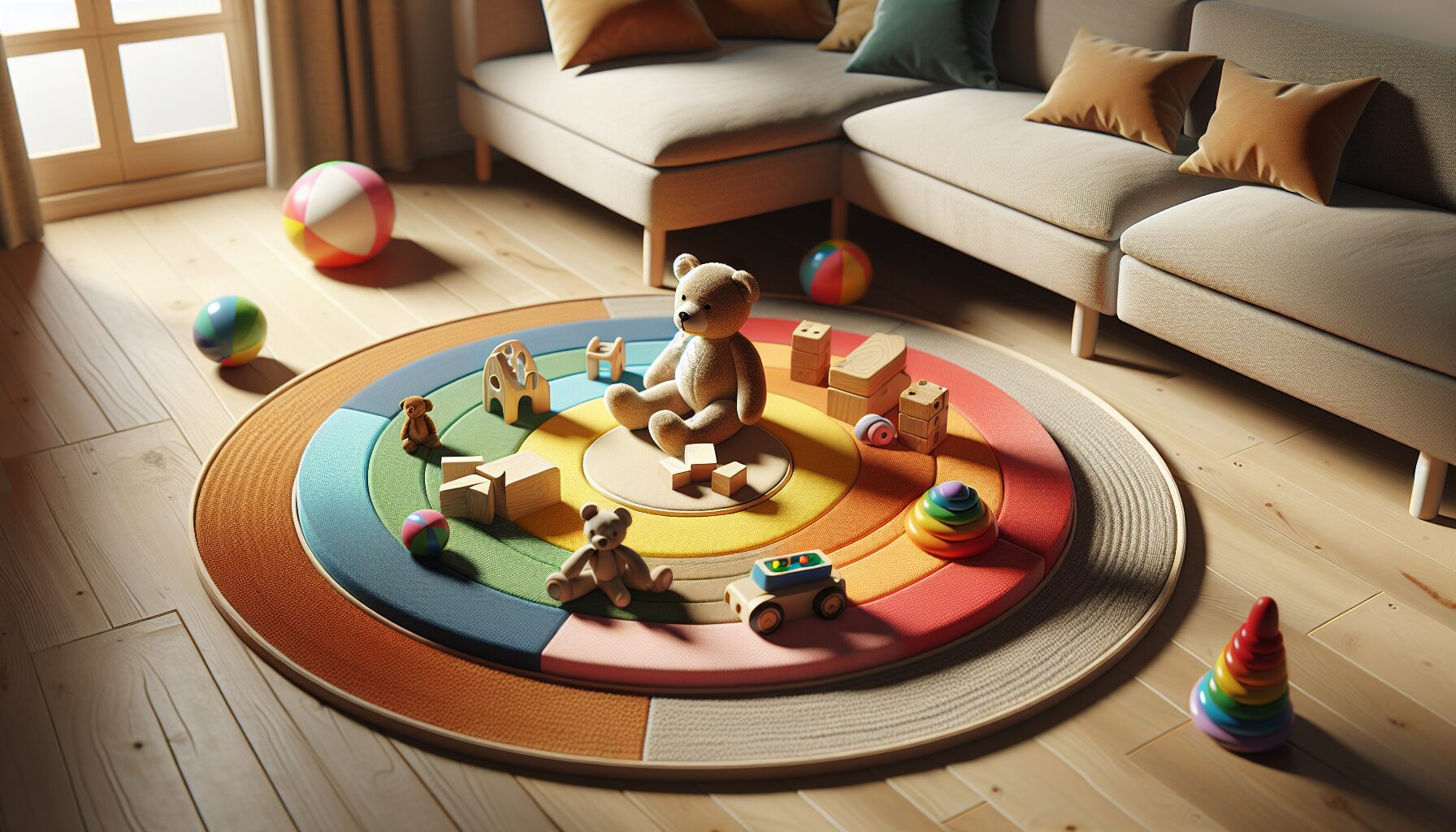 Generate an image of a colorful circle on a play mat surrounded by various toys.