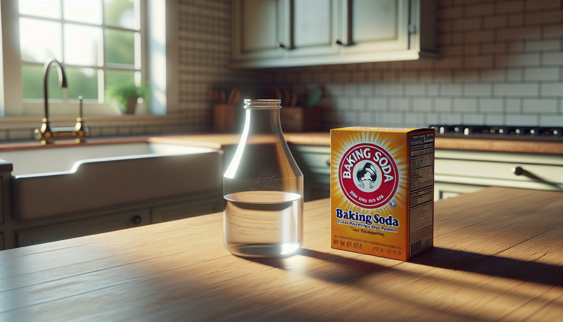 Generate an image of a kitchen countertop with baking soda and a vinegar bottle.