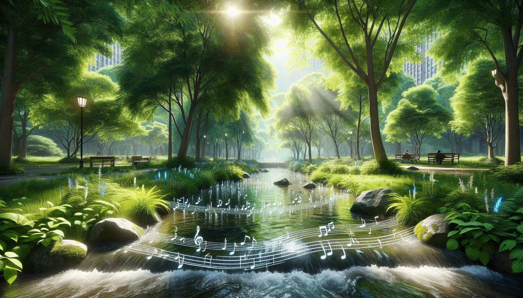 Generate an image of a serene park with trees and a flowing river.