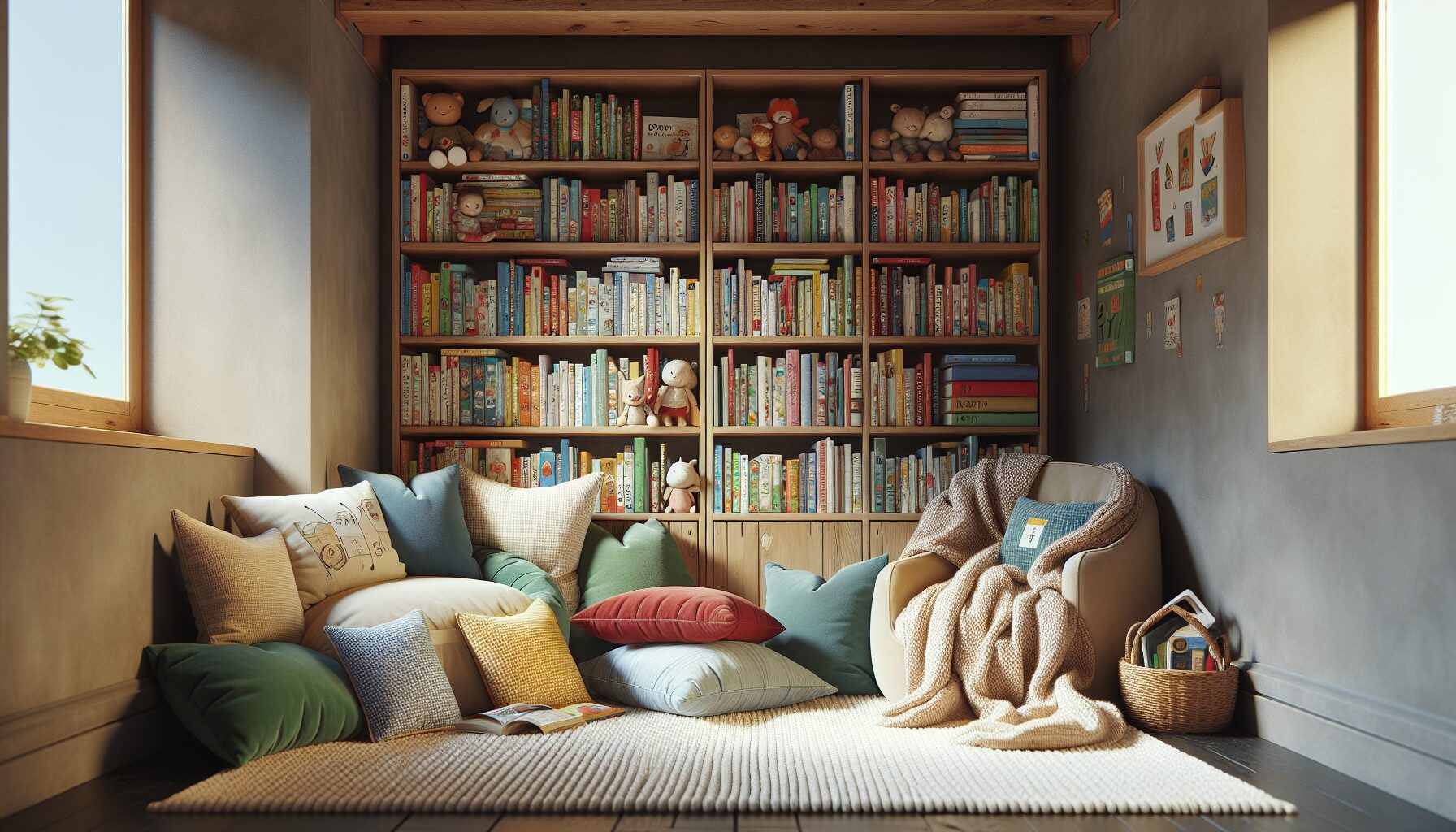 Generate an image of a bookshelf filled with colorful children