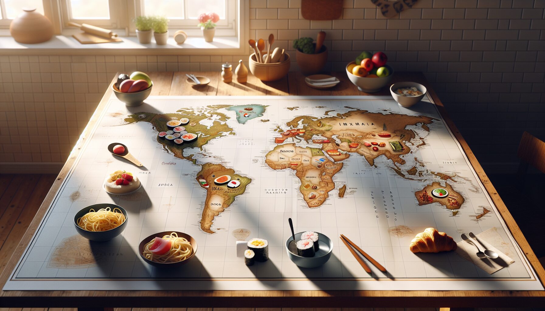 Generate an image of a world map with food icons from various countries scattered around it.