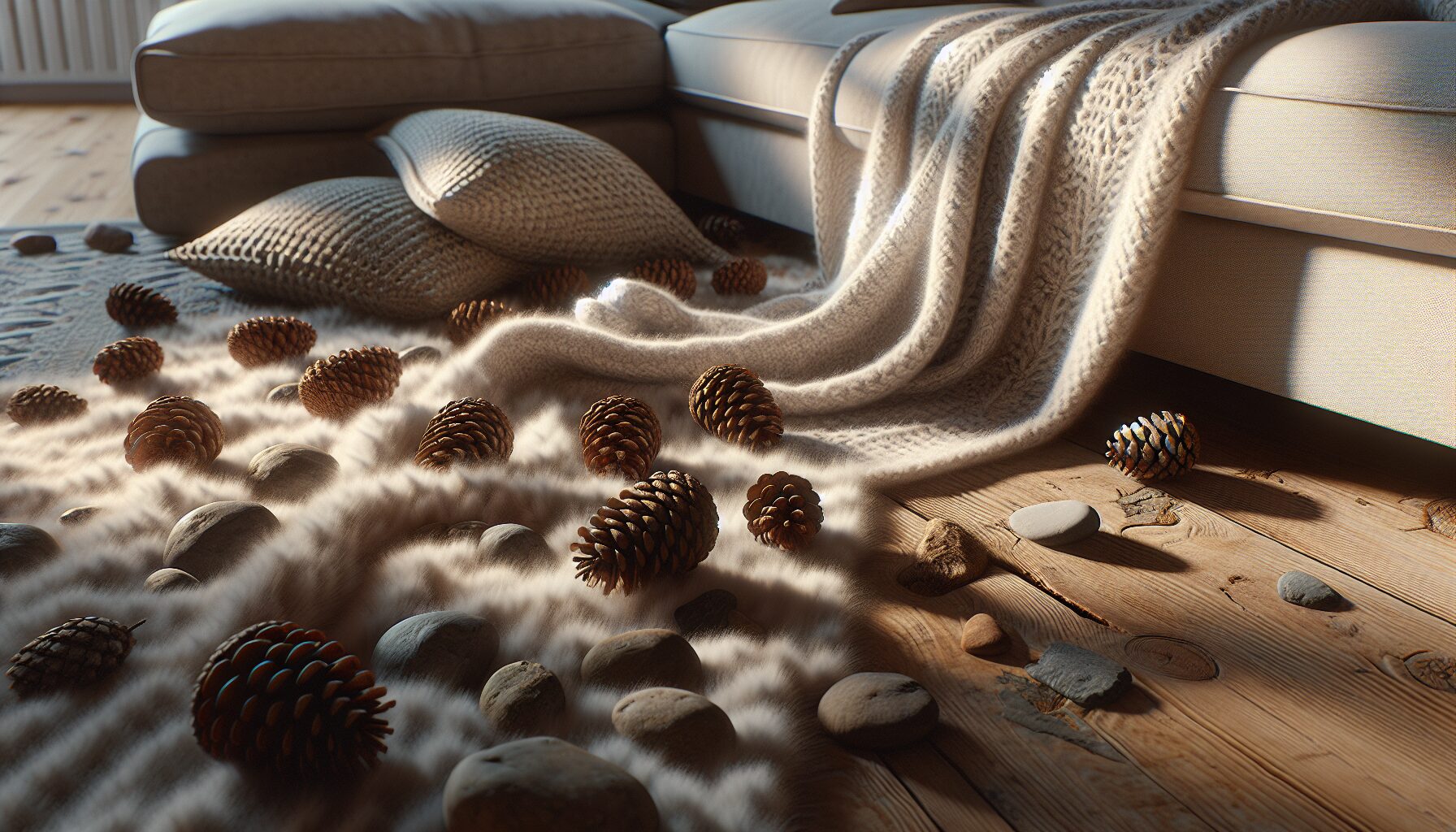 Generate an image of a cozy winter scene with pinecones and stones scattered on a blanket in a warm living room.