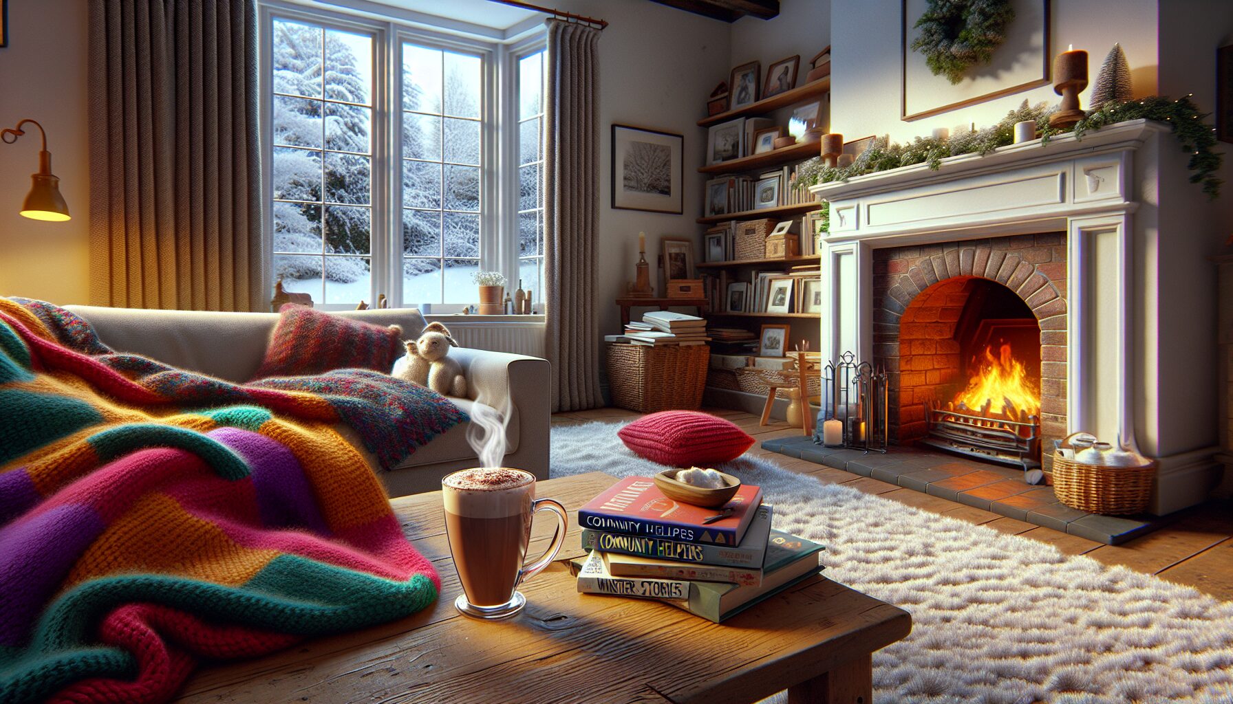 Generate an image of a cozy living room with snow visible through the window.