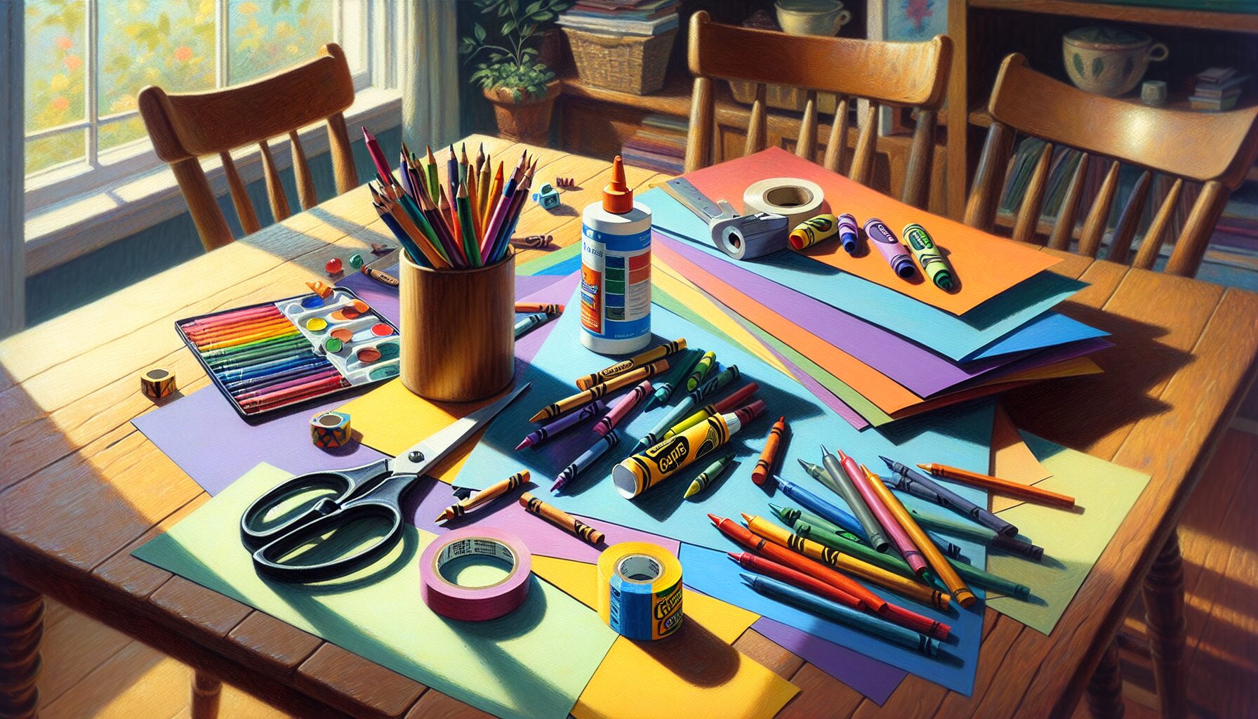 Generate an image of colorful construction paper and art supplies spread on a table.