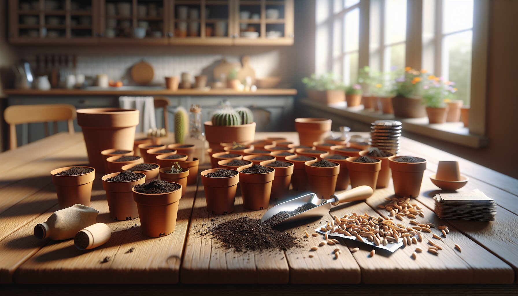 Generate an image of small pots filled with soil and a variety of seeds placed nearby.
