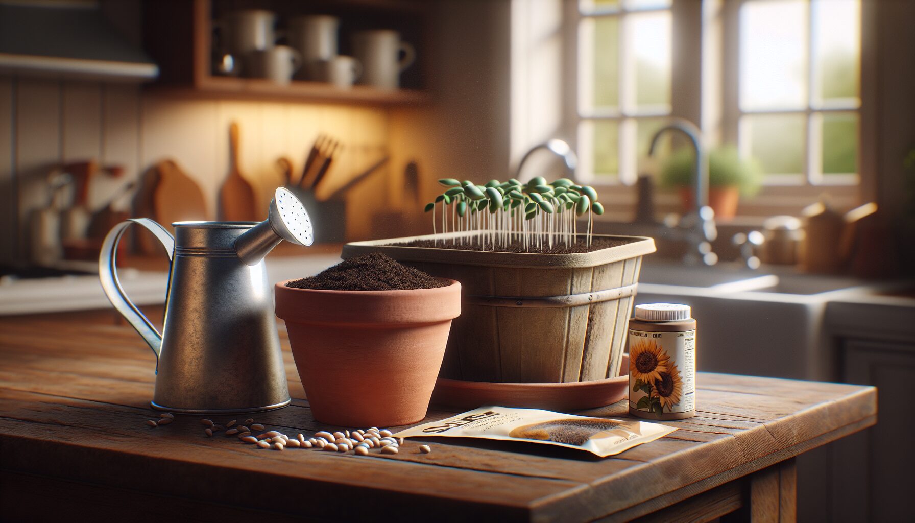 Generate an image of a small pot with a child's hand planting a seed into the soil.