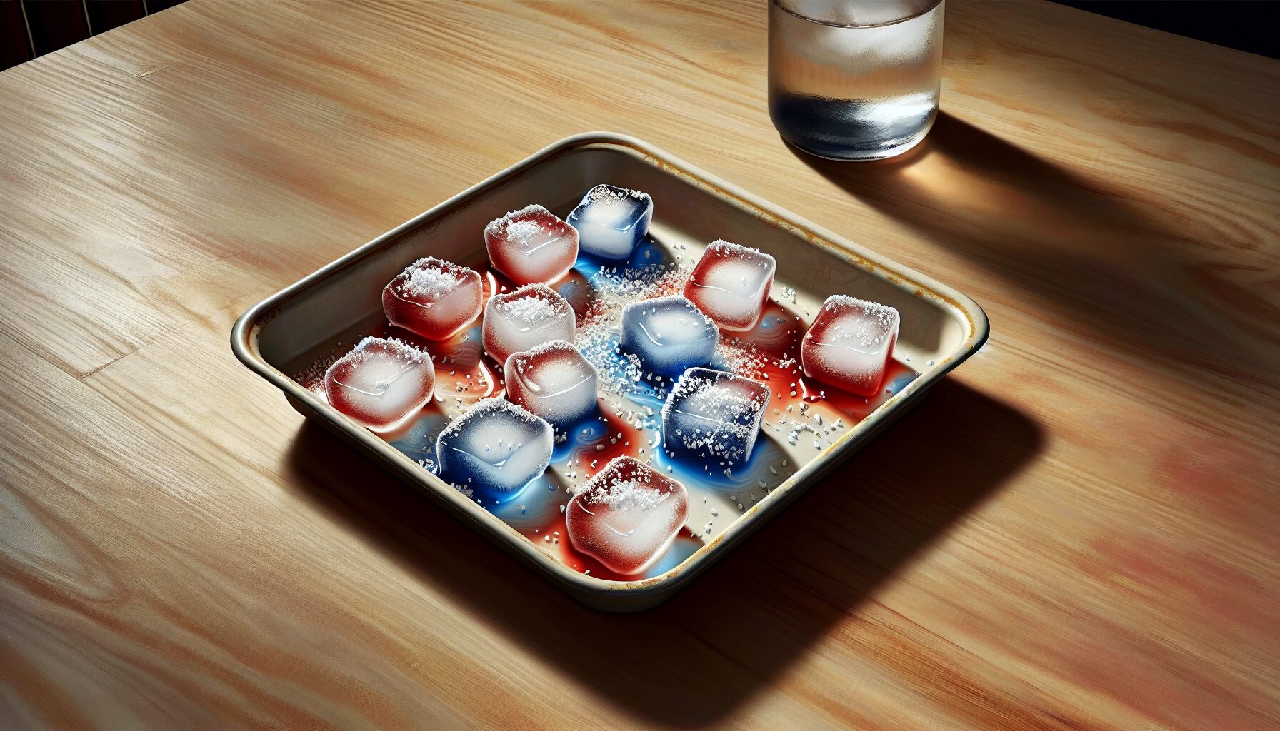 Generate an image of an ice tray with salt sprinkled on clear ice cubes, with drops of vibrant blue and red food coloring forming abstract patterns.