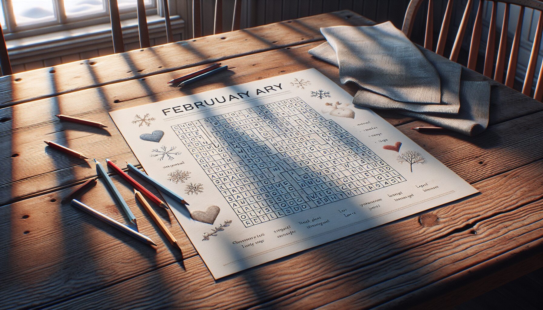 Generate an image of a word search grid filled with winter and Valentine's Day-themed words, with colorful pencils beside it.