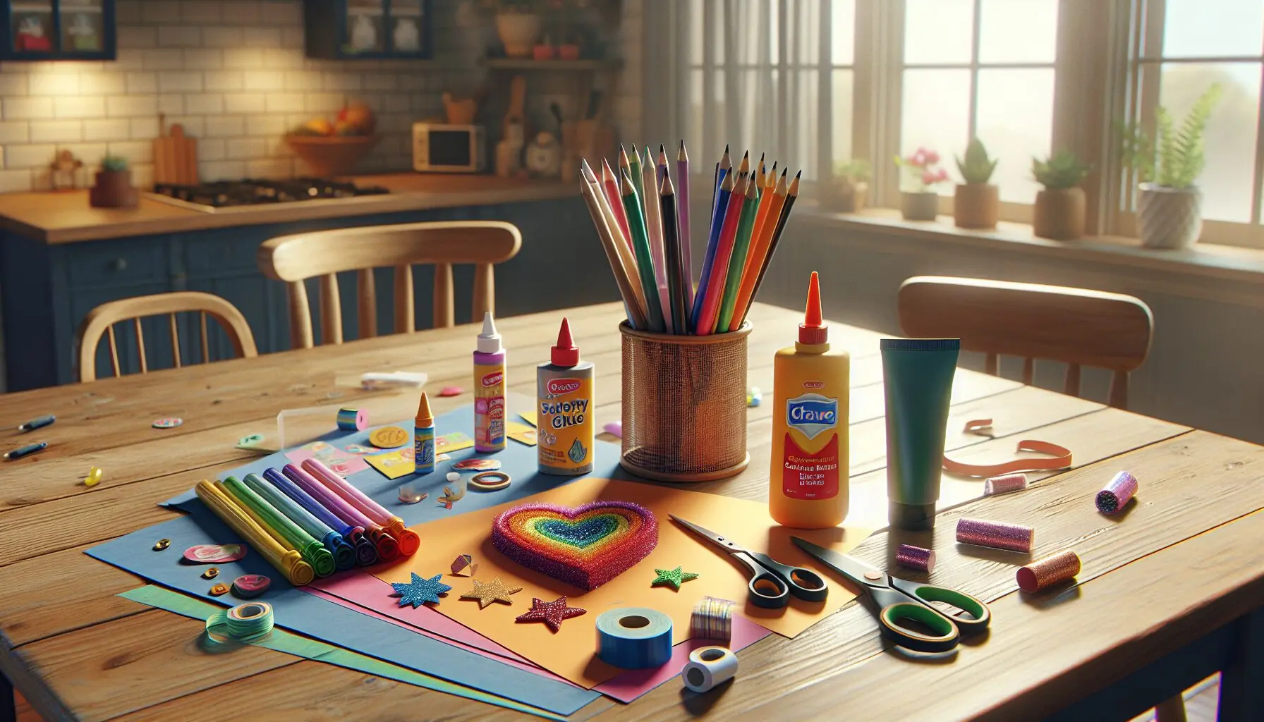 Generate an image of a paper star-shaped badge with ribbons, glitter, and stickers.