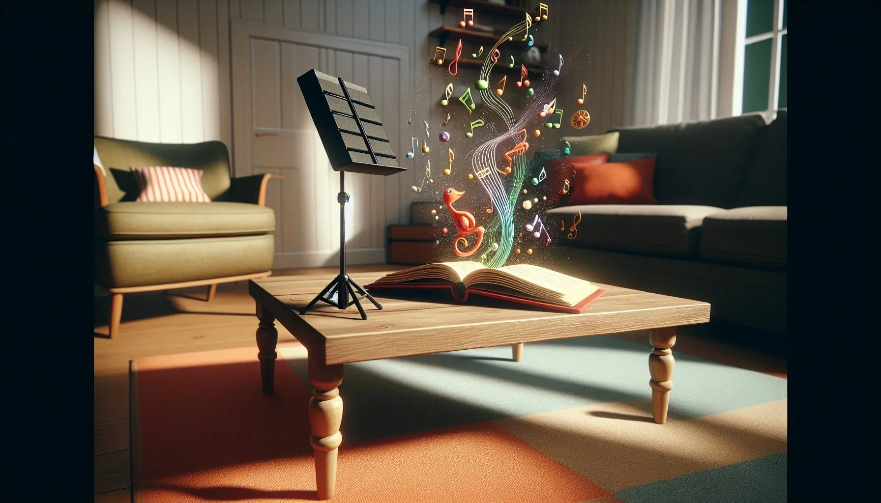 Generate an image of a colorful storybook on a music stand with musical notes floating around it.