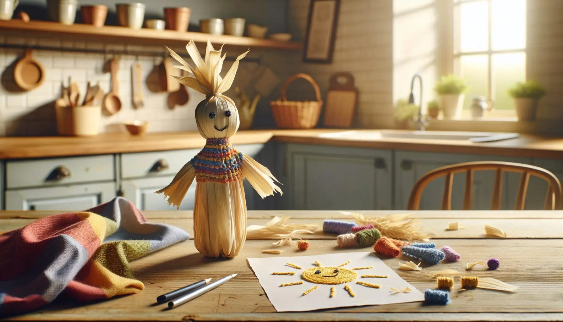 Generate an image of a completed corn husk doll standing upright, with bits of colorful cloth as clothing beside a happy sun drawing.