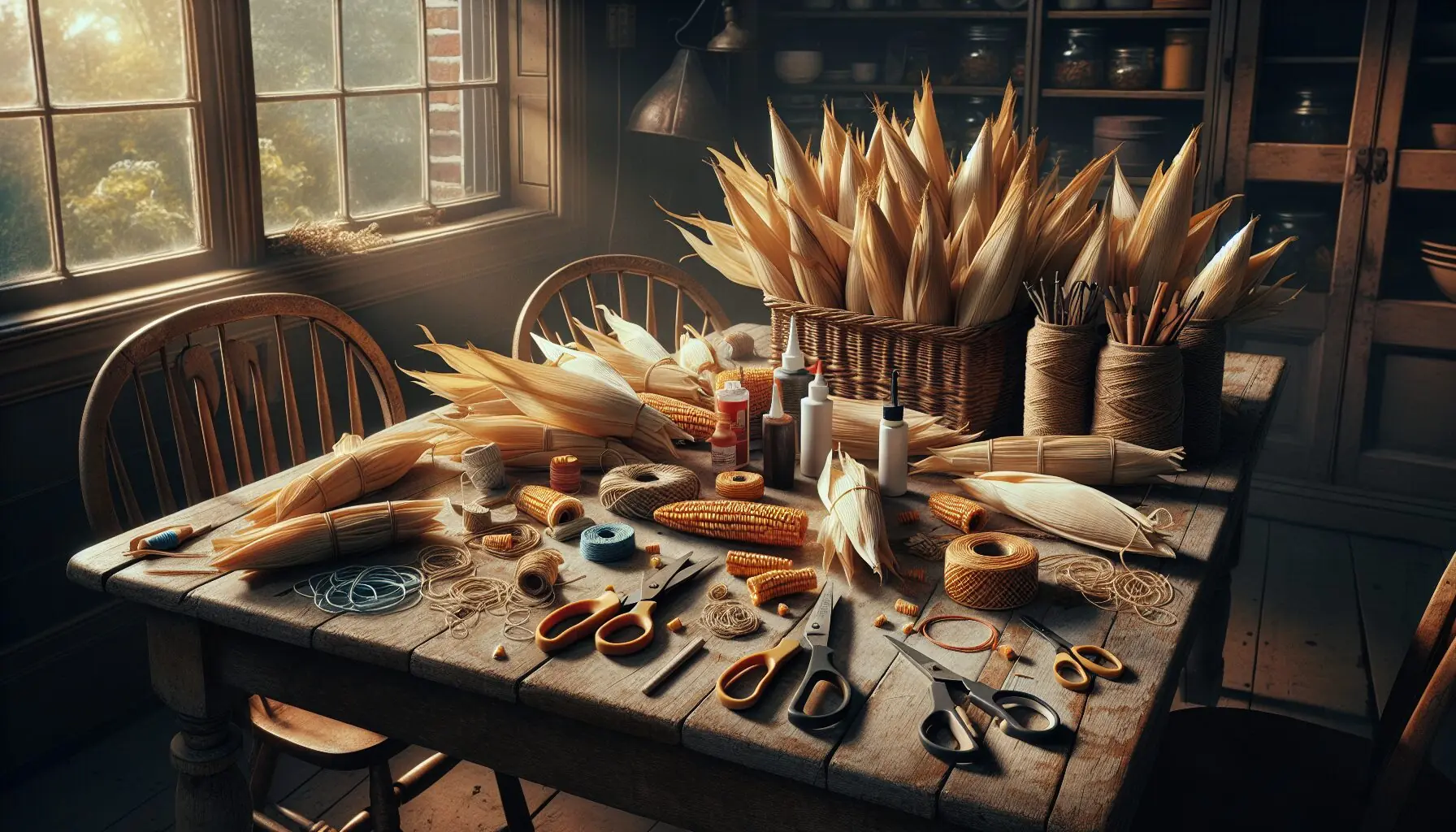 Generate an image of a rustic wooden table with scattered corn husks and basic crafting tools.