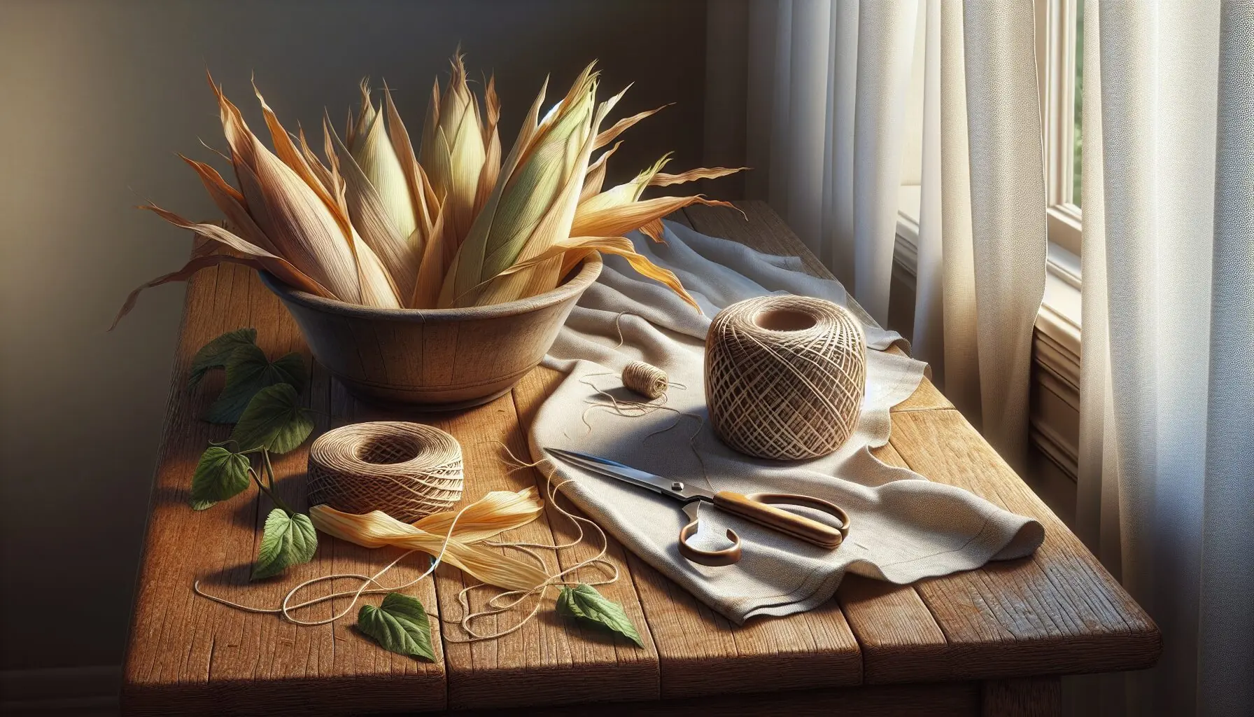 Generate an image of a step-by-step guide showing corn husks being assembled into a simple doll with twine.