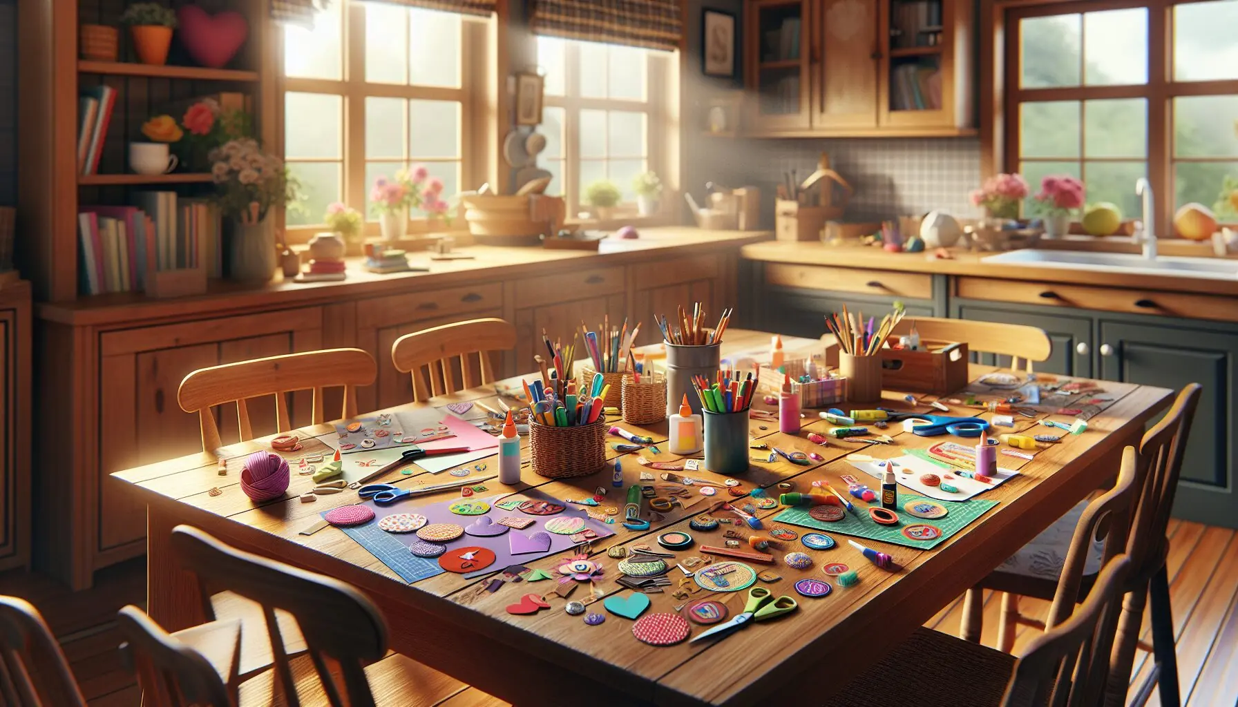 Generate an image of a cozy family table with arts and crafts supplies and several colorful badges.