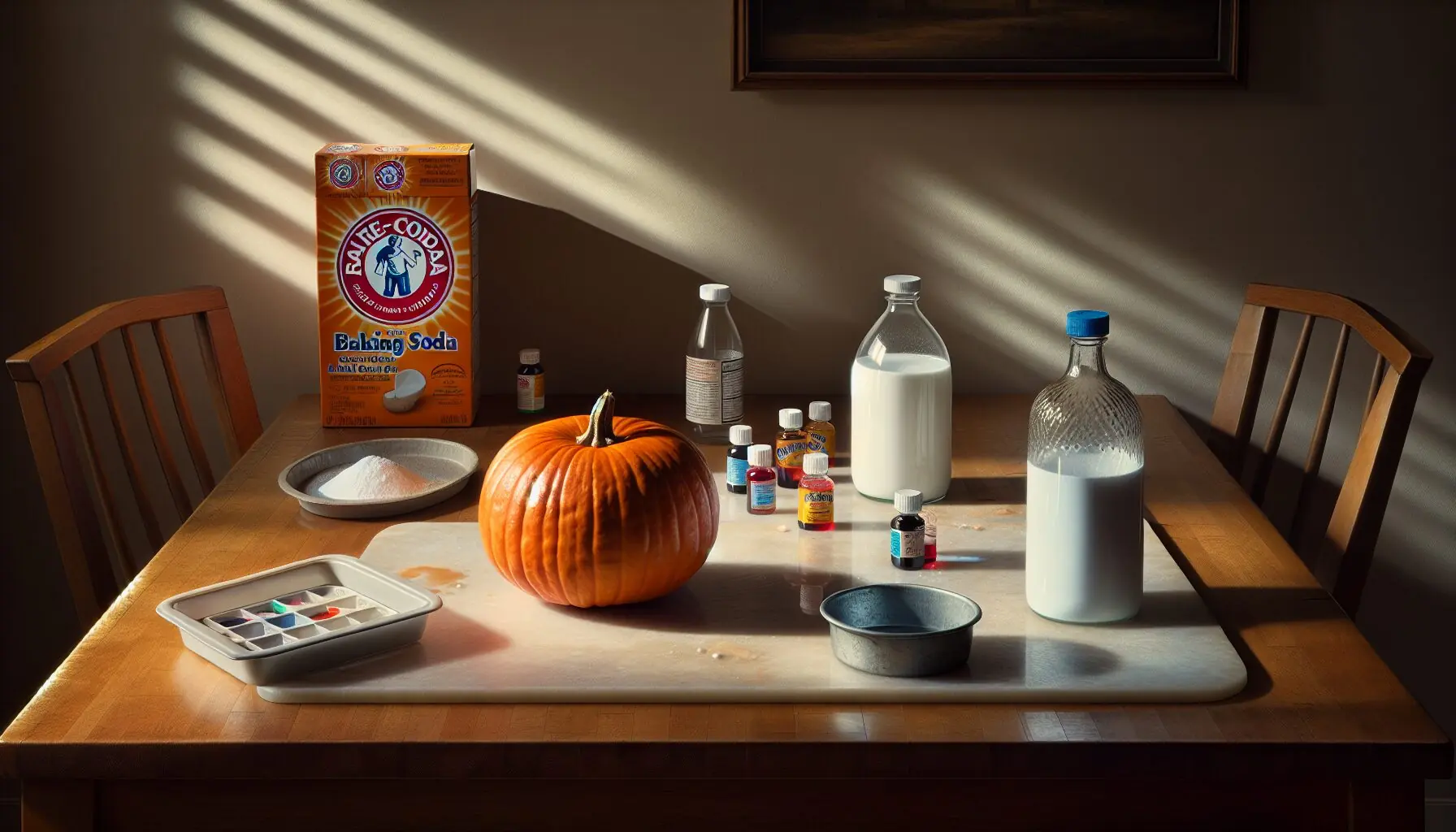 Generate an image of supplies for a pumpkin volcano: a pumpkin, baking soda, vinegar, a tray, and colorful liquid drops.