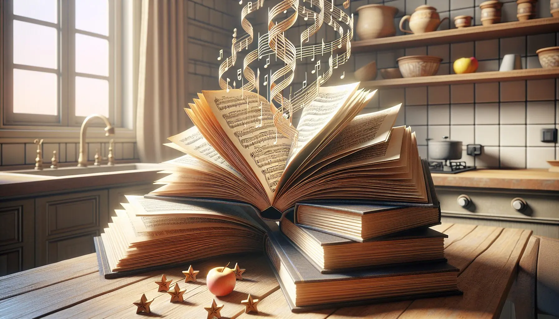 Generate an image of intertwined musical notes and book pages with stars representing growth.