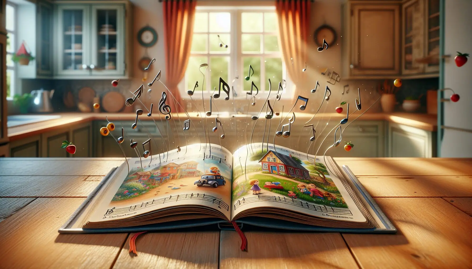 Generate an image of a simple nursery rhyme book with musical notes around.