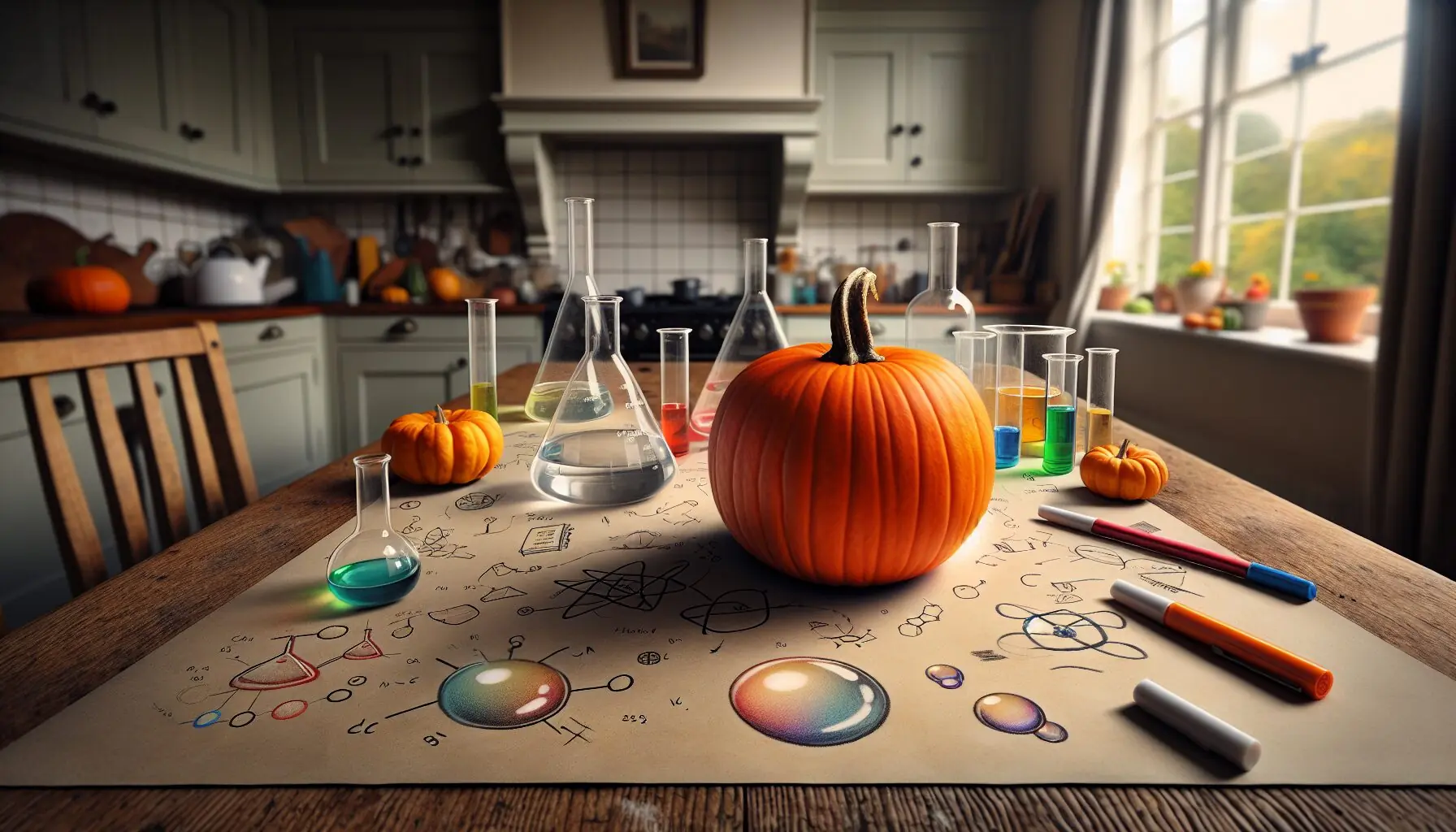 Generate an image of a small pumpkin surrounded by science-themed doodles like beakers and bubbles.