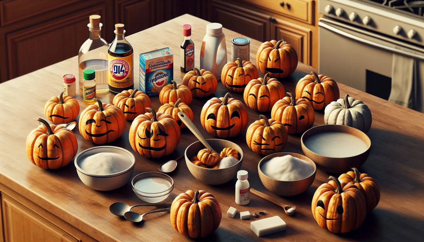 Generate an image of a community of pumpkins with funny expressions, each showing different reactions or moods.