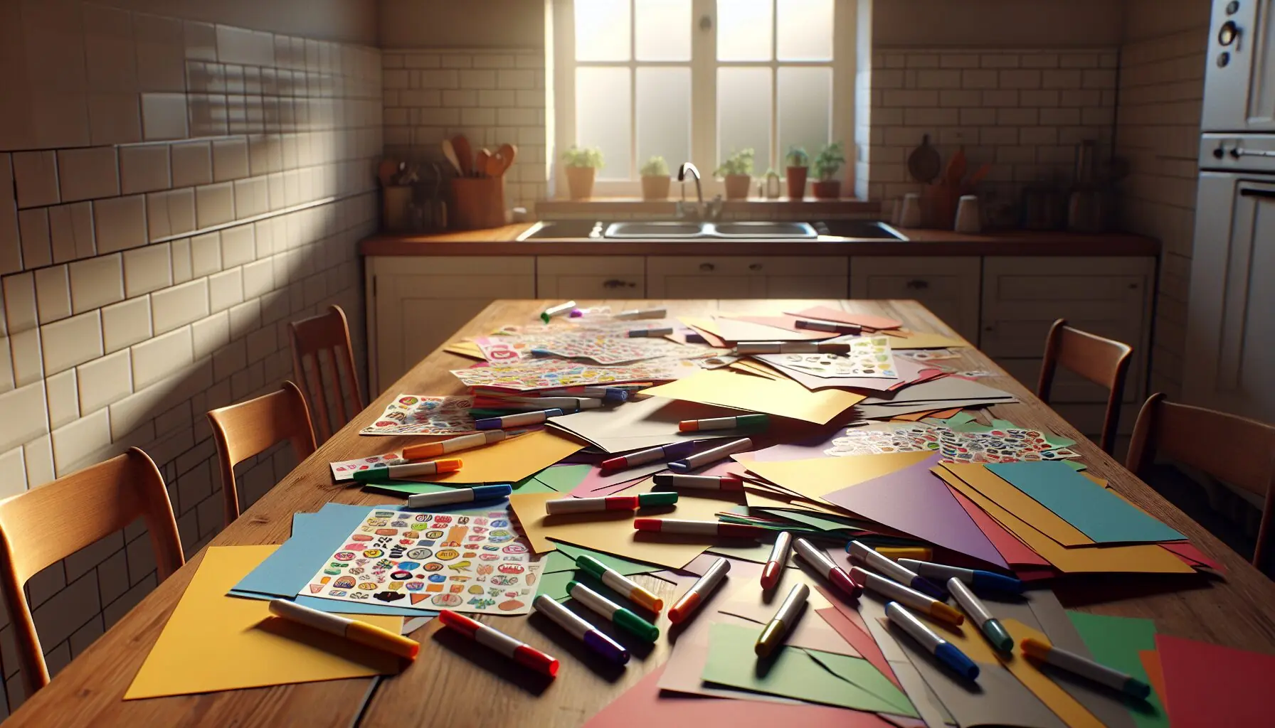 Generate an image of colorful construction paper, markers, and stickers spread out on a craft table.