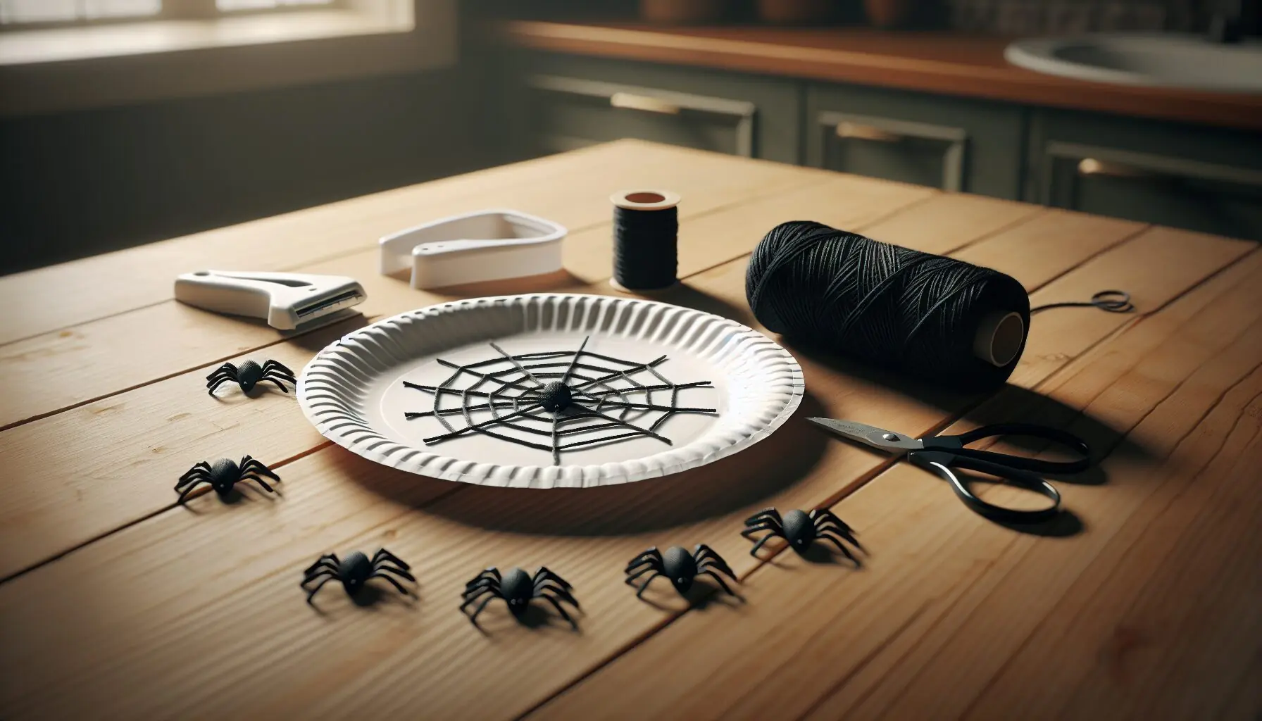 Generate an image of crafting materials: paper plates, black yarn, a hole puncher, and small plastic spiders.