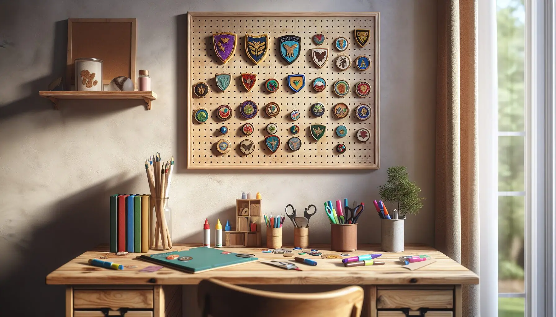 Generate an image showcasing a completed bravery badge hanging on a pegboard with other badges.