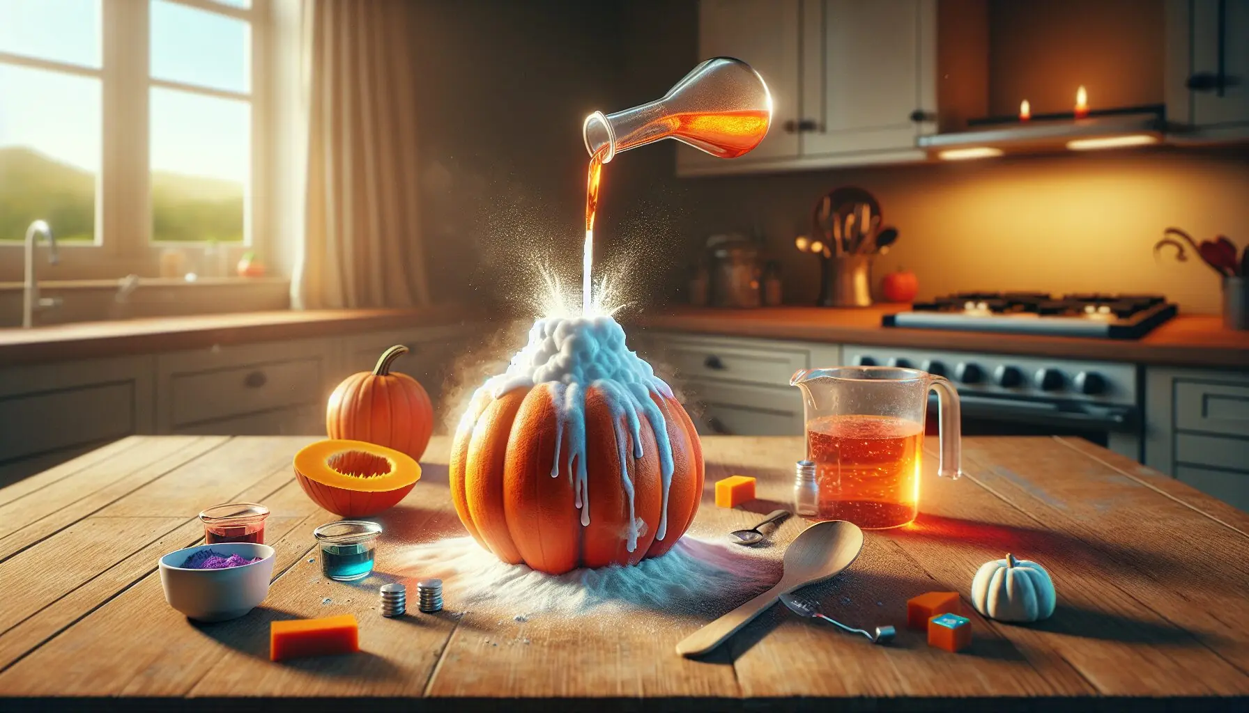 Generate an image of a basic chemistry setup, highlighting a colorful eruption captured mid-action.