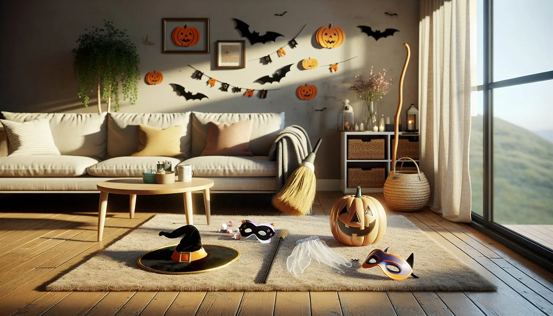 Create an image of a decorated living room with scattered costume props.