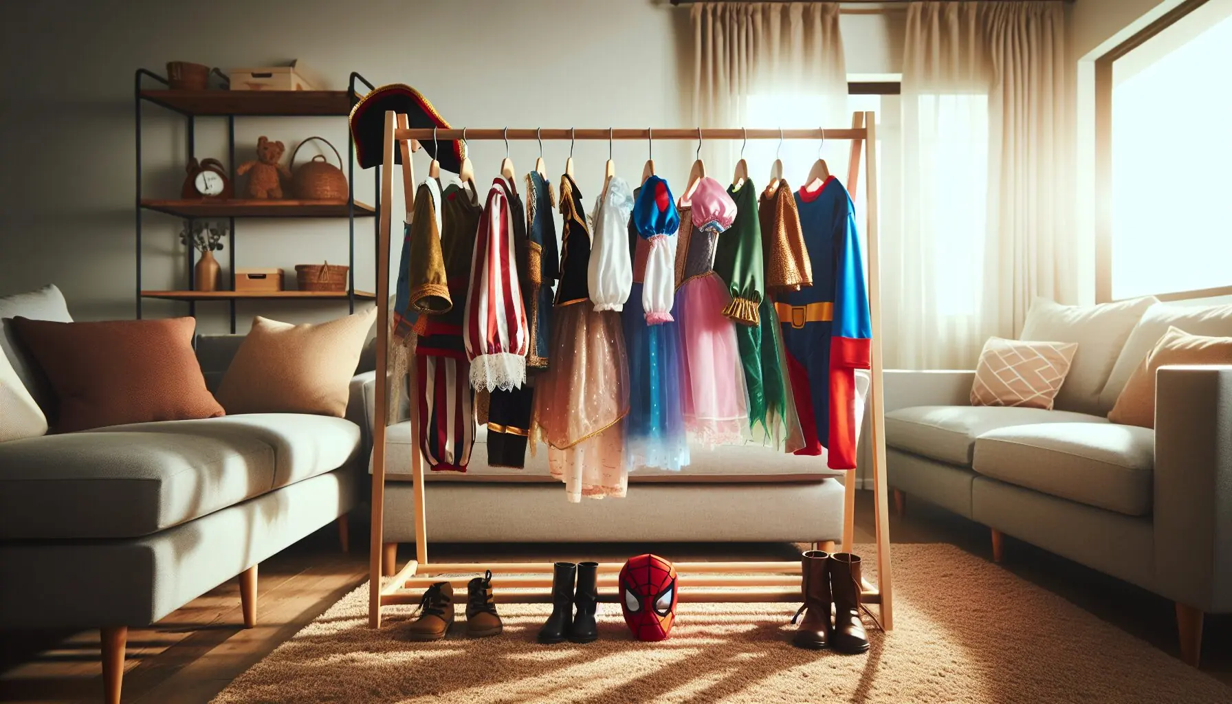 Generate an image of a whimsical storytelling scene with various costumes hanging on a rack in a cozy room.