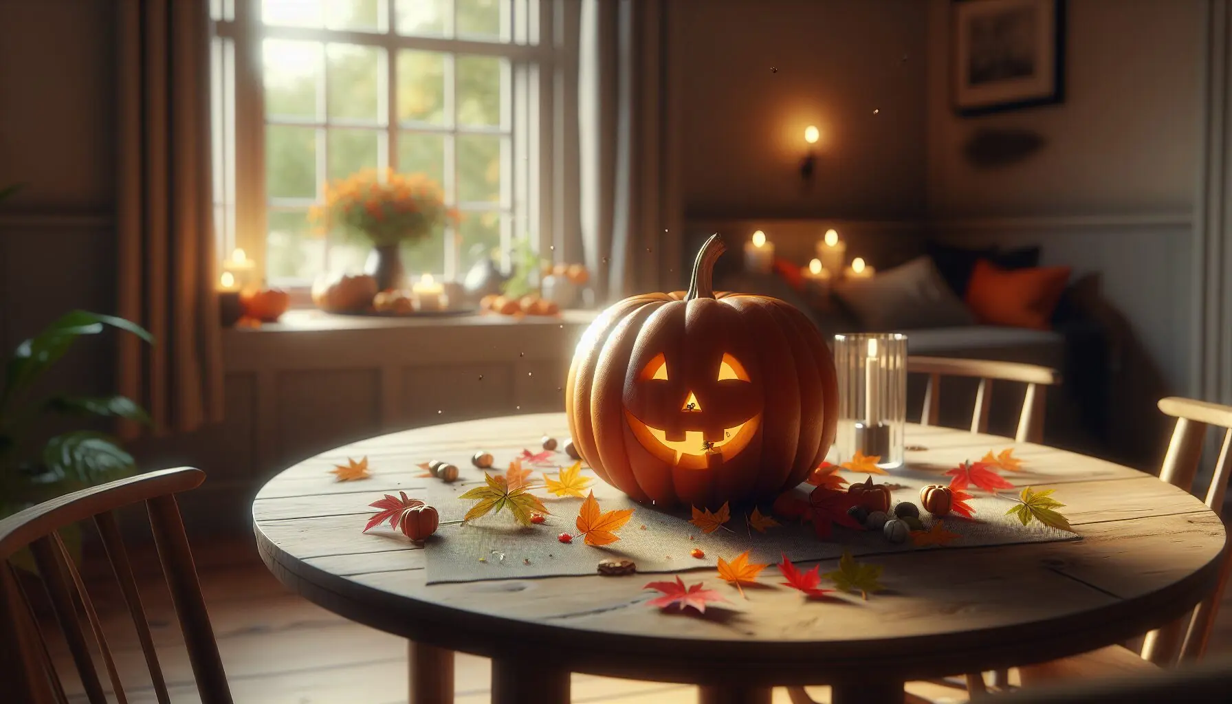 Generate a whimsical illustration of a parent and a child, dressed as superheroes, walking towards a house decorated for Halloween.