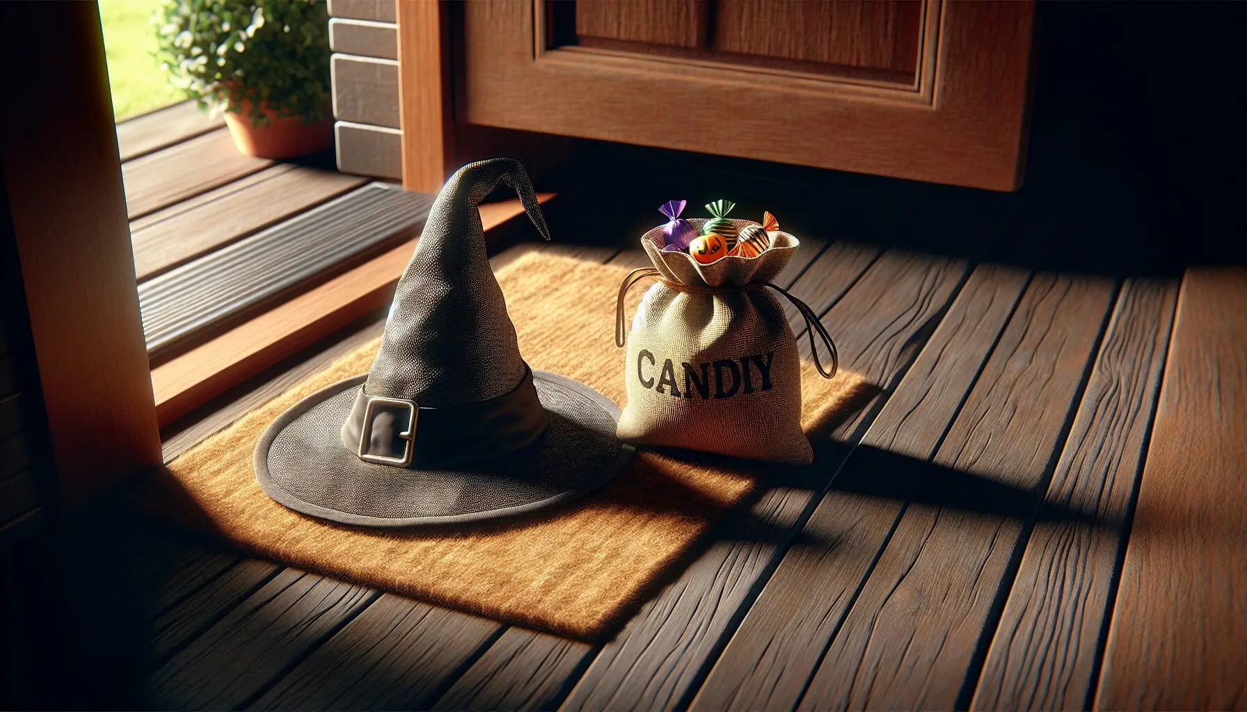 Generate an image of a small woven candy bag next to a child-sized wizard hat on a cozy porch.