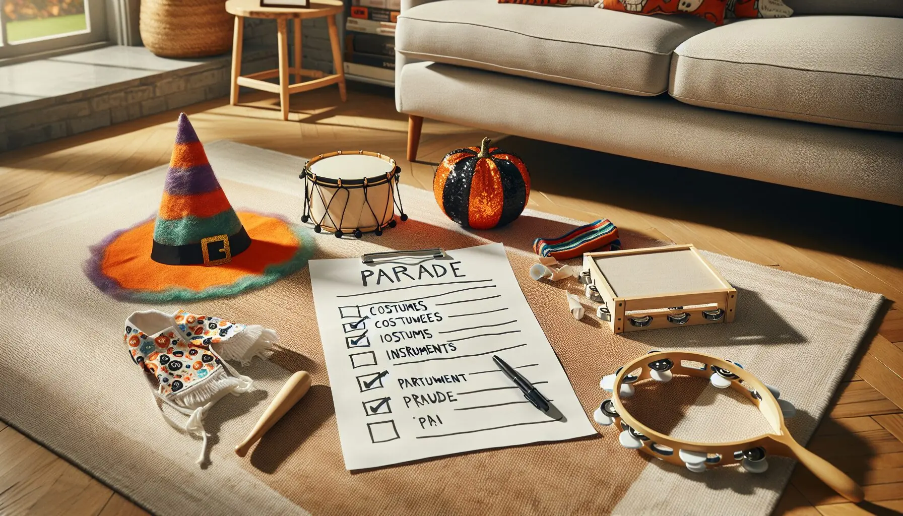 Generate an image of a checklist with items like costumes, instruments, and a parade plan, emphasizing Halloween colors.