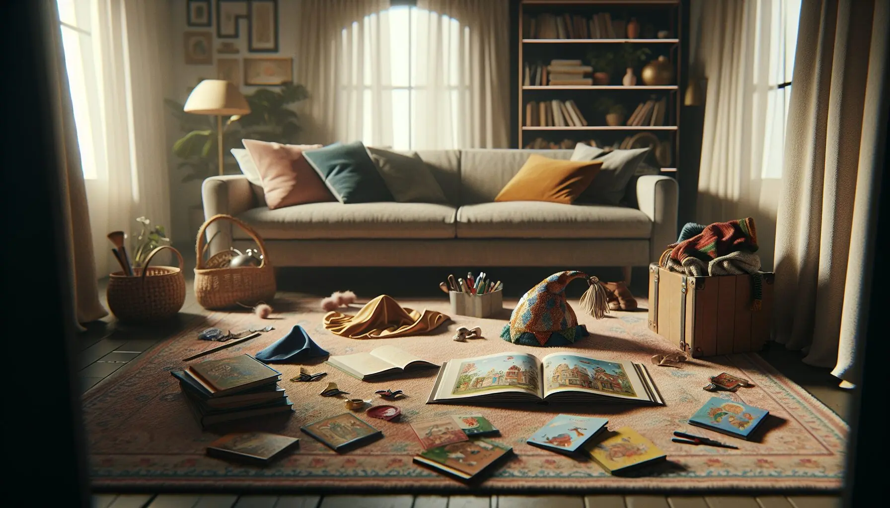 Show a warm, illustrated book scene with a child and parent together, surrounded by storybooks and costume pieces.