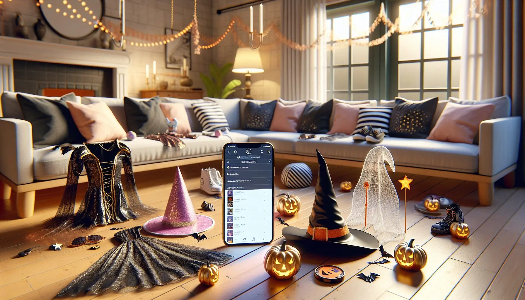 Generate an image of a comfortable living room with Halloween decorations.