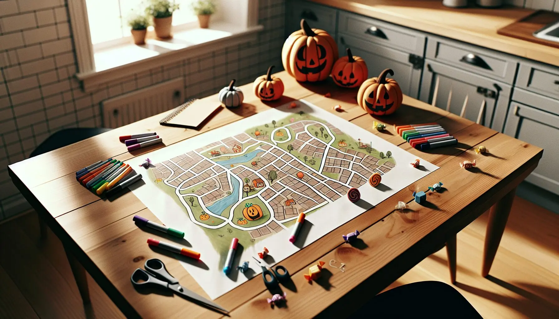 Generate an image of a friendly cartoon map with pumpkins and candy icons scattered along a neighborhood path.