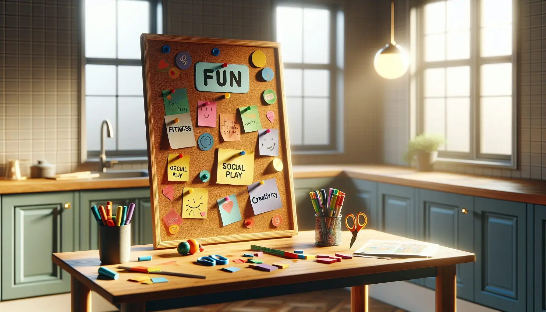 Display a board with keywords like 'Fun', 'Fitness', 'Social Play' and 'Creativity'.