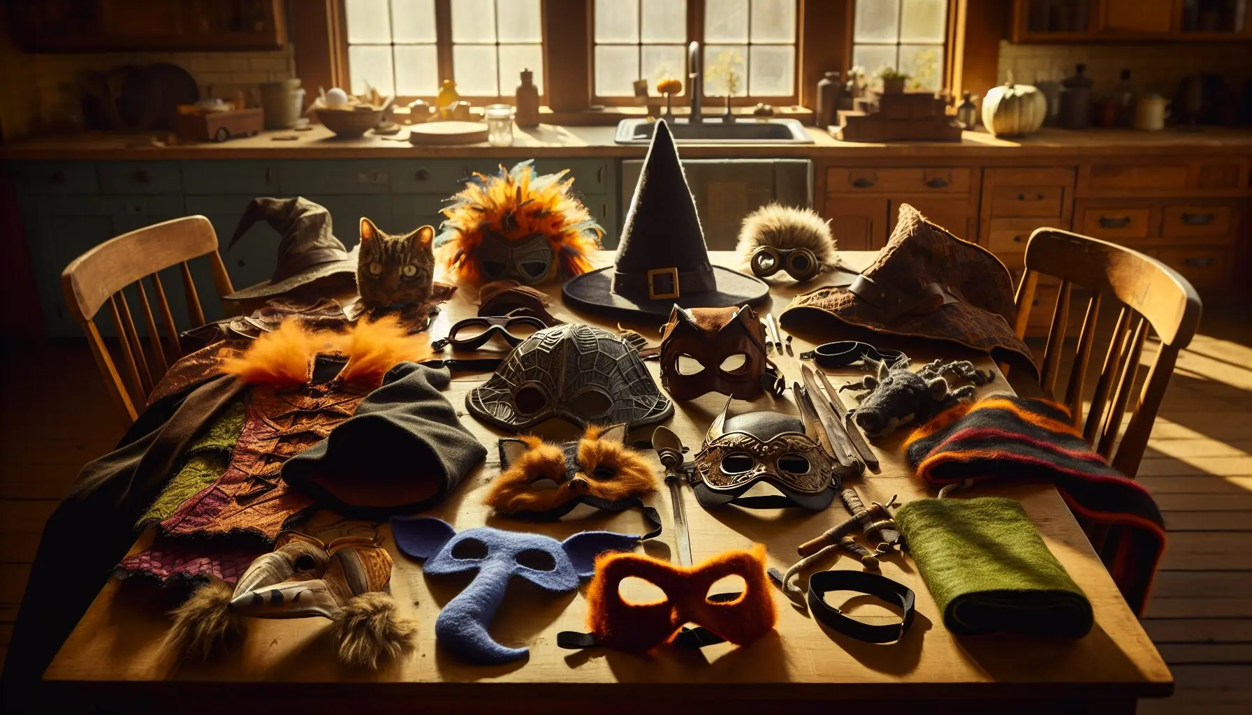 Illustrate a variety of colorful, thematic costumes laid out on a table.