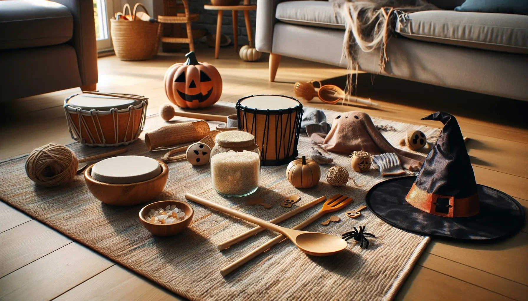 Generate an image of a cozy living room with Halloween decorations and musical instruments ready for a kid's parade.