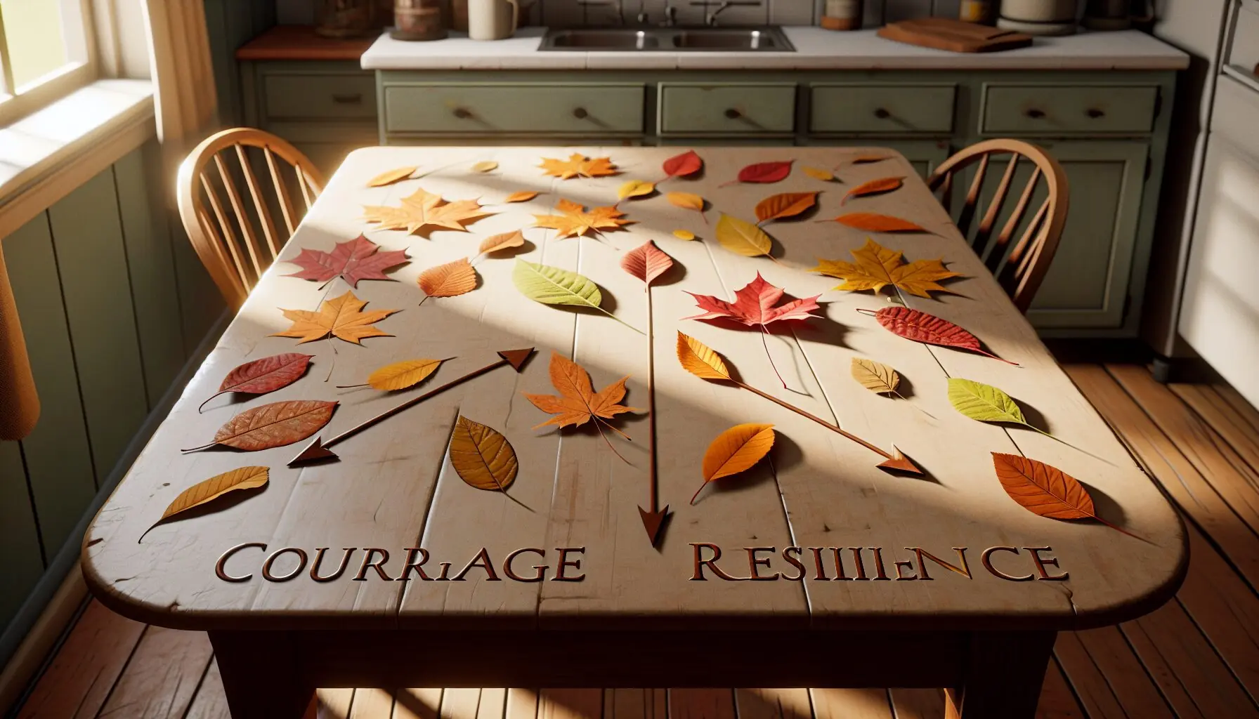 Generate an image of colorful autumn leaves with illustrated arrows pointing towards the words 'Courage' and 'Resilience'.