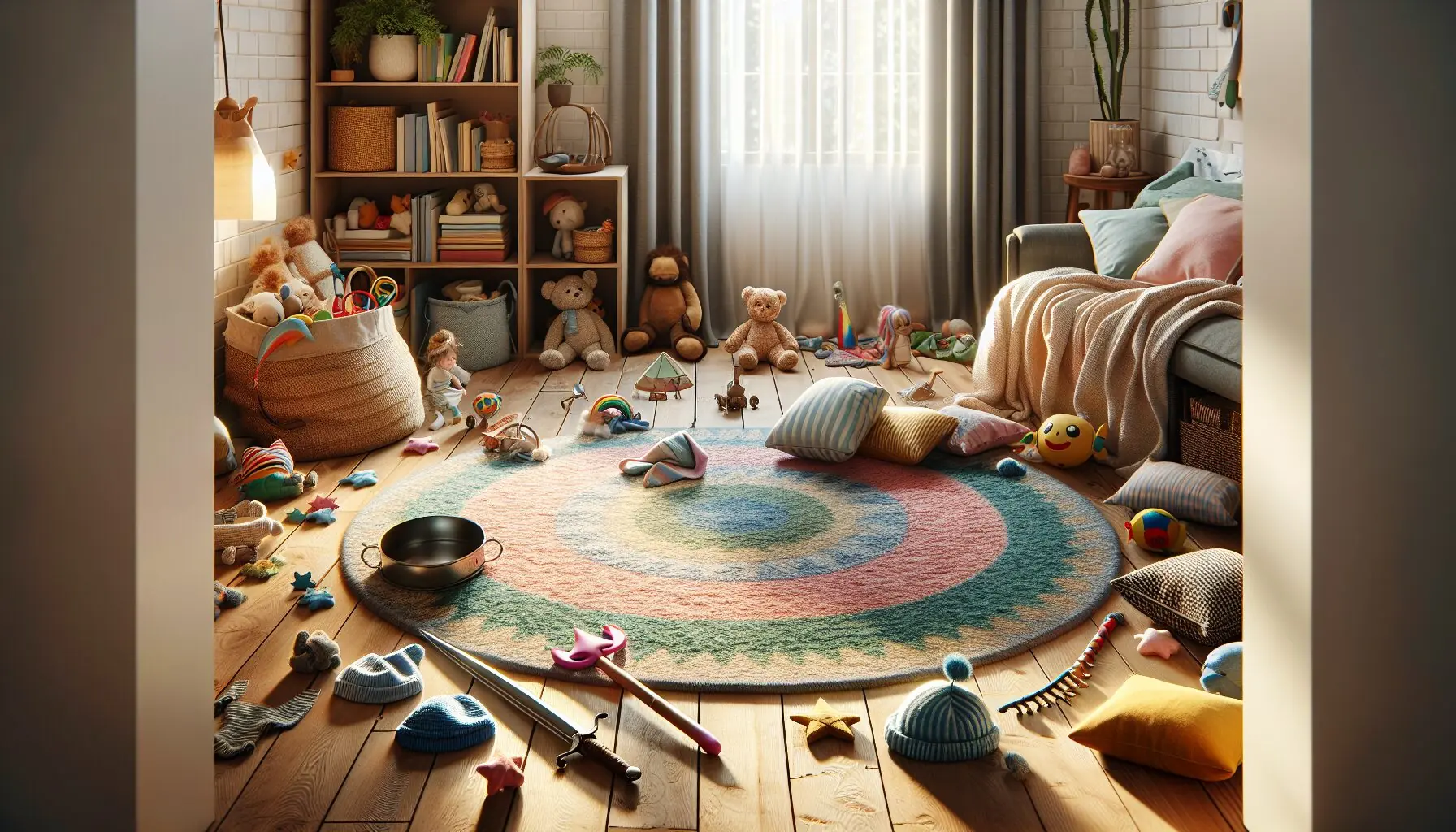 Create an image of a child's playroom with colorful costumes and related simple props like hats and scarves.