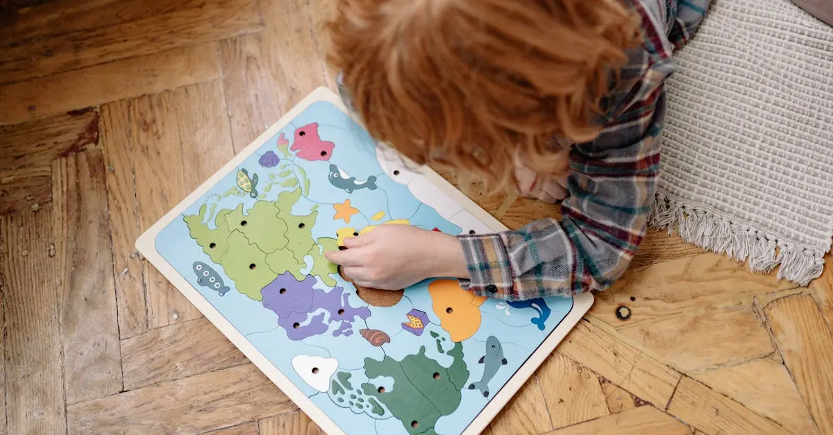 An image of a child solving a puzzle with a determined look.